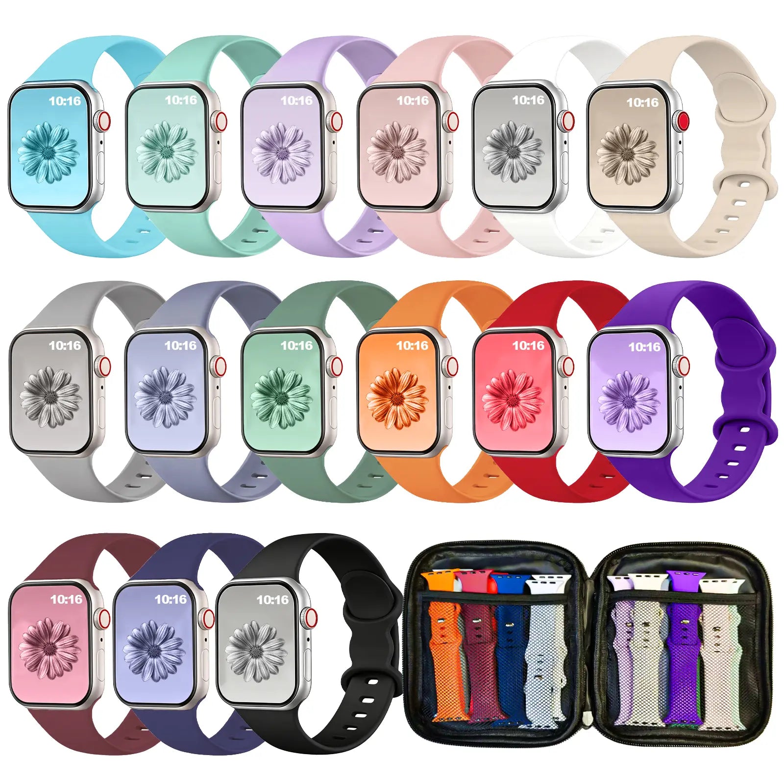 24 Straps with Storage Design, Compatible with Apple Watch Sport Bands 38Mm/40Mm/41Mm/42Mm. Waterproof, Durable and Soft Silicone Straps, Unisex for Women and Men; Silicone Straps with Storage Box.