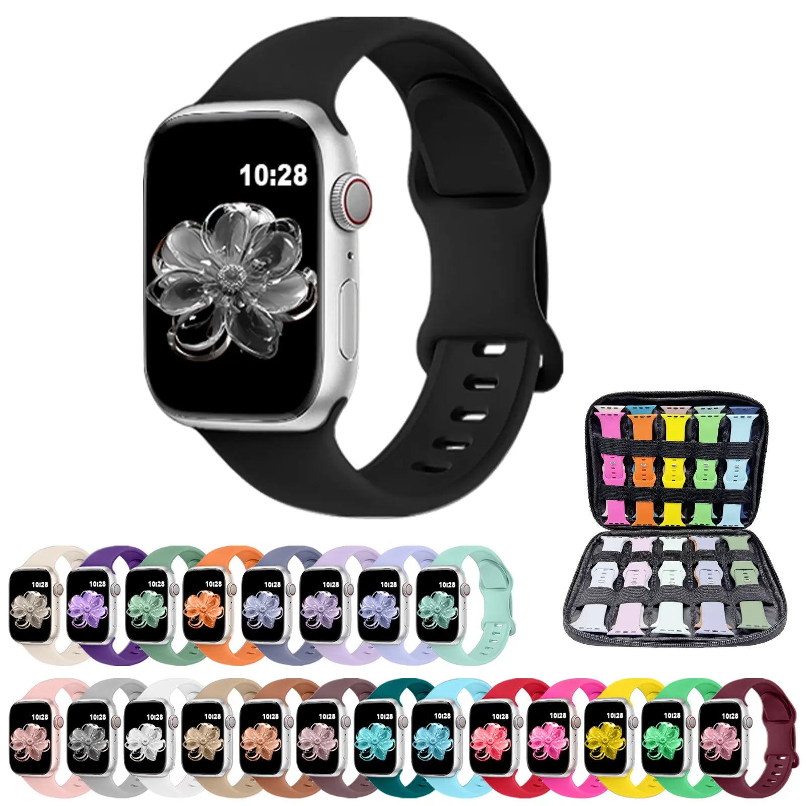 24 Straps with Storage Design, Compatible with Apple Watch Sport Bands 38Mm/40Mm/41Mm/42Mm. Waterproof, Durable and Soft Silicone Straps, Unisex for Women and Men; Silicone Straps with Storage Box.