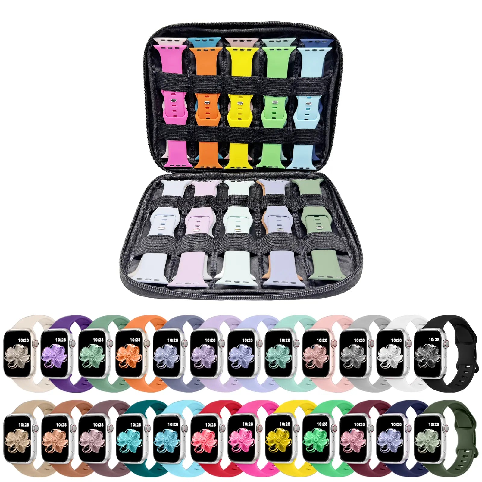 24 Straps with Storage Design, Compatible with Apple Watch Sport Bands 38Mm/40Mm/41Mm/42Mm. Waterproof, Durable and Soft Silicone Straps, Unisex for Women and Men; Silicone Straps with Storage Box.